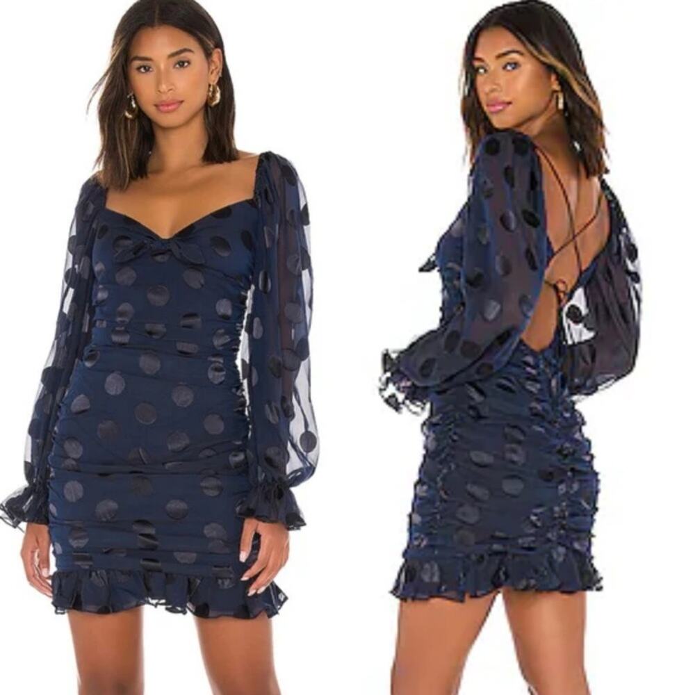 For Love and Lemons Navy Blue Polka Dot Chiffon Ruched Lula Mini Dress Small